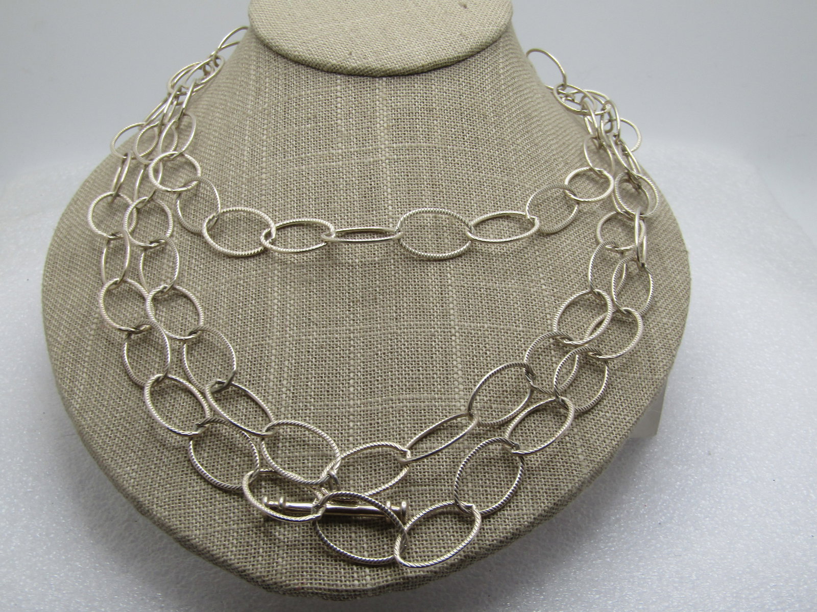 Vintage Sterling Textured Oval Link Necklace, Layering, 58", Joseph Esposito, 1980's-1990's.: Vintage Sterling Textured Oval Link Necklace, Layering, 58", Joseph Esposito. Great to wear doubled up - could even wear as an belt with a drop - the chain is such that the toggle can drop through it