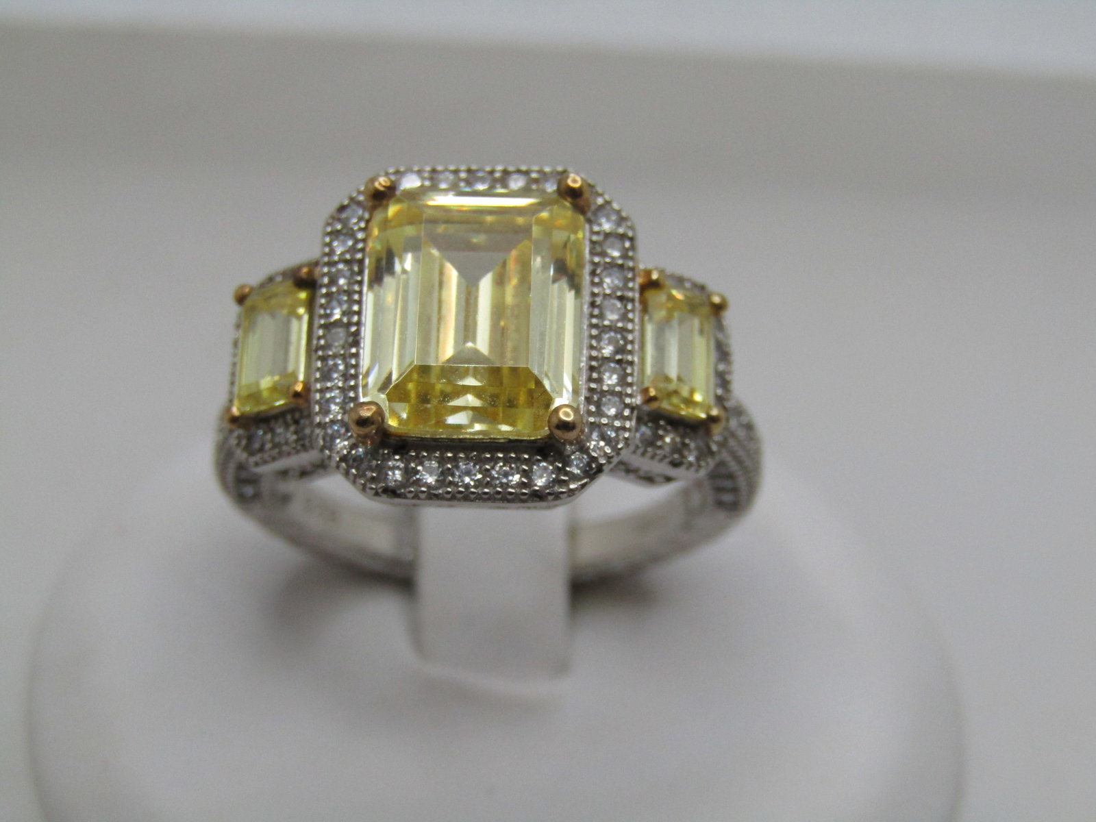 Sterling Simulated Emerald Cut  Canary Diamond Ring, Clear Halo, Sz. 7.25 Signed (1 of 7)