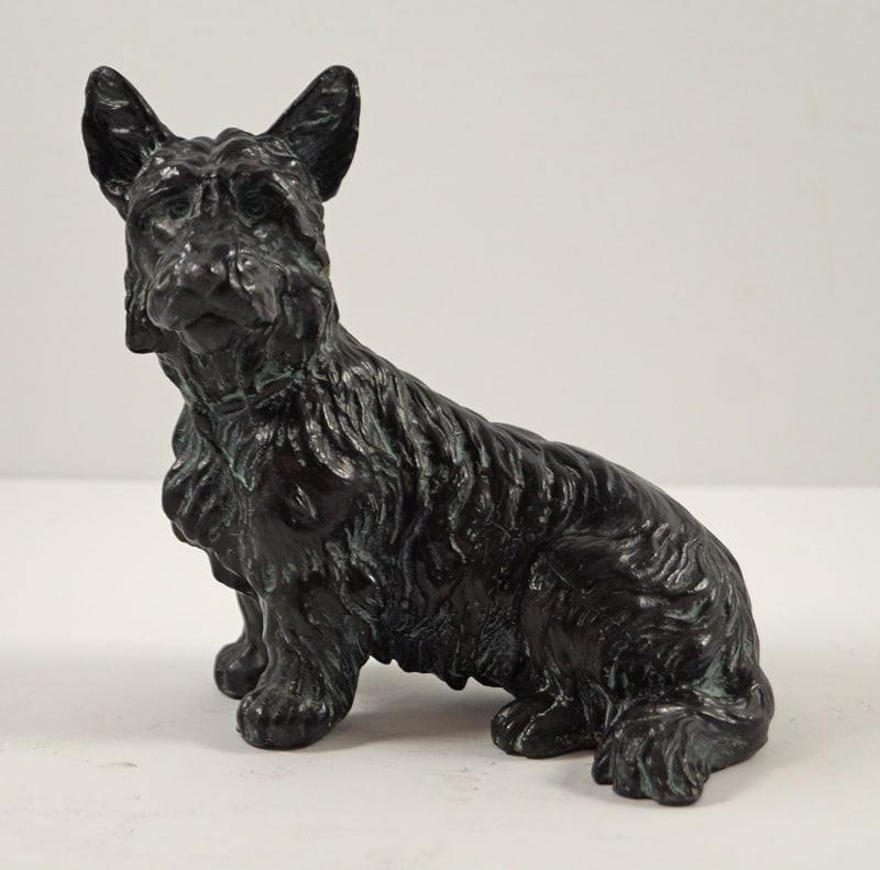 Antique Scottie Dog Cast Metal Paperweight: Title: Antique Scottie Dog Cast Metal Paperweight Dimension: 5 3/8” tall x 5 3/4” long x 3 1/4” wide. Date: Circa 1930’s-40’s Additional Information: Antique Scottish Ter