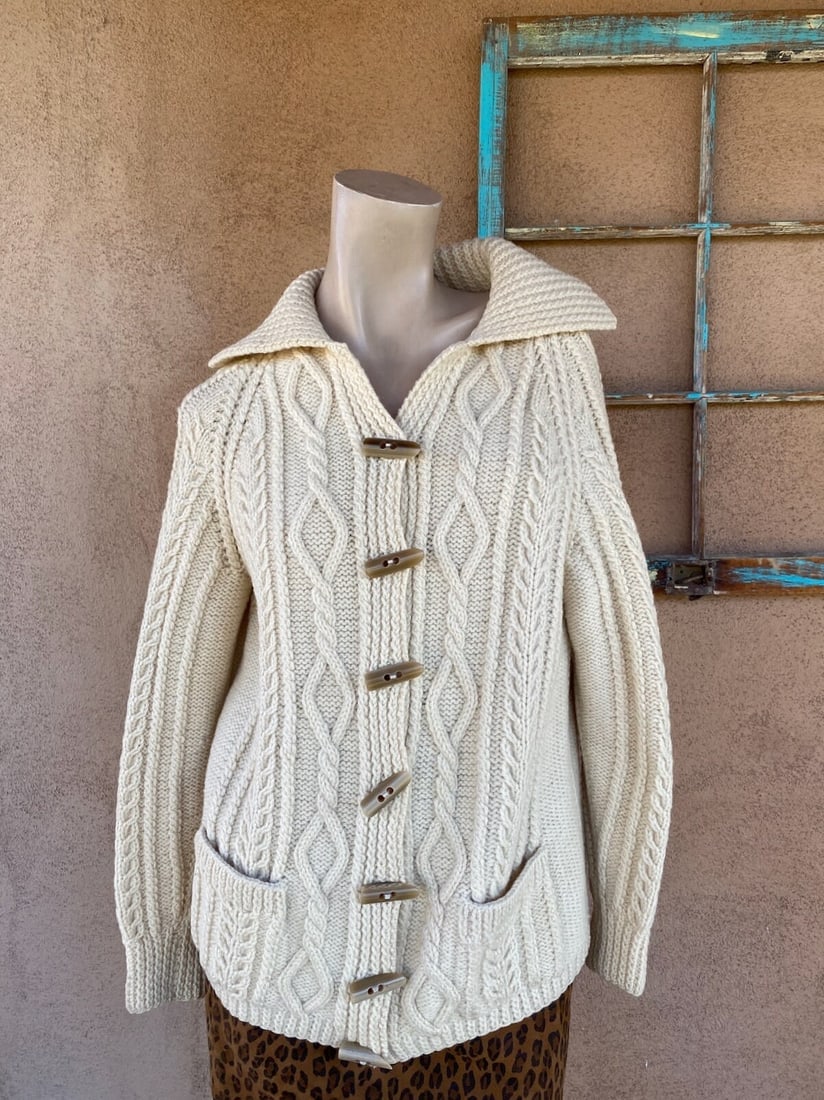 Vintage 1980s Hand Knit Wool Cardigan Sweater Chunky Cable Knit Sz L (1 of 6)