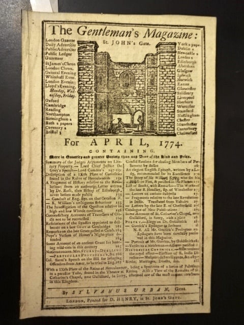 1774 Gentlemans Magazine American Colonies: The April 1774 issue of "Gentleman's Magazine", printed at London by Sylvanus Urban. 48 pages and one engraved plate of art from the ruins of the Herculeaneum. Content regarding the American colonies 