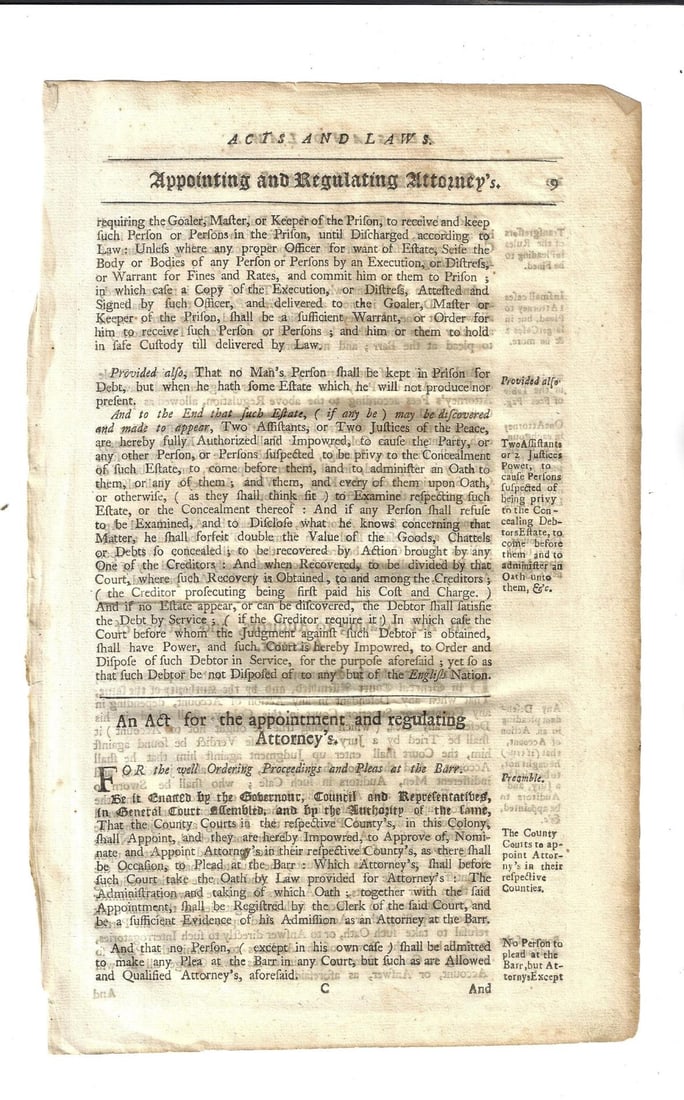 1750 Colonial Act Regulating Attorneys (1 of 2)