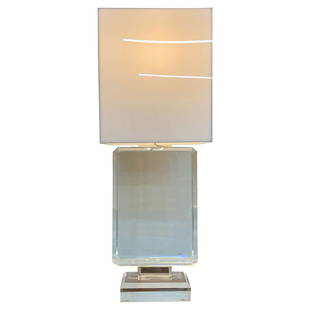 Single Lucite and Brass Mid-Century Modern Art Deco Style Table / Desk Lamp: Single Lucite and Brass Mid-Century Modern Art Deco Style Table / Desk Lamp Shade included. Lucite, Brass United States, 1980s 33Hx 12W x 10D 1 x e26 standard sockets. Similar to: Karl Springer (Desig