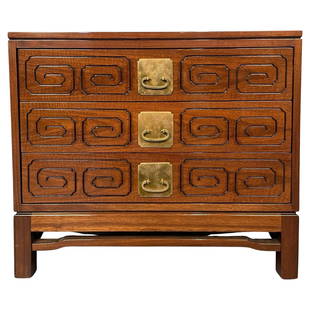 Mid-Century Modern John Widdicomb Nightstand / Walnut Chest, Greek Key Inlay: Mid-Century Modern John Widdicomb Nightstand / Walnut Chest, Greek Key Inlay Single mid-century cabinet having three drawers with solid brass modern drawer pulls. Each drawer having and ebony color gr