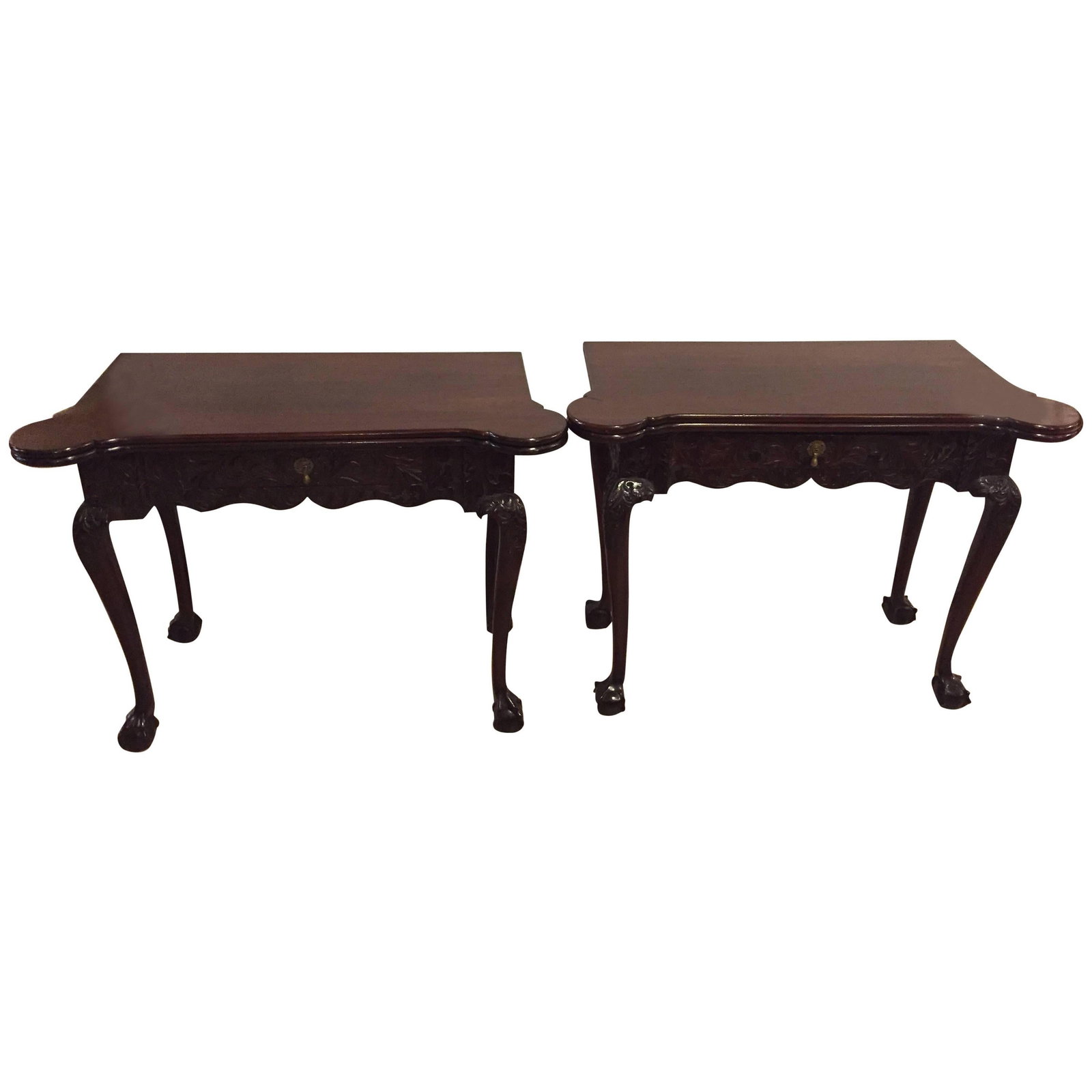 Period 1820s Irish Card / Tea Tables Solid Mahogany with Later Carvings: Period pair of Irish card or tea tables solid mahogany with later carvings. These wonderfully carved card tables have cabriole legs and ball and claw feet. Each having a center drawer leading to felt