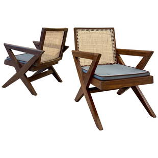 Pair of Pierre Jeanneret 'X', Armchair, Mid Century Modern, Teak, Cane, 1950s: Pair Pierre Jeanneret 'X', Armchairs, Mid Century Modern in Teak & Cane, PJ-SI-45-A, 1950s These chairs have been lightly washed and polished. The cane has been re-done by hand in India. These are dir