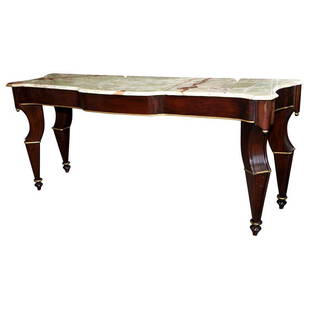 Maison Jansen, Console Table, Mahogany, Onyx Marble, Giltwood, France, 1940s: A grand French mahogany and parcel-gilt console table, circa 1940s, the shaped onyx marble atop a serpentine-shaped frieze, raised on four legs with fluted details. By Maison Jansen. Top having been p