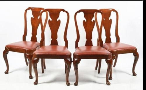 Vintage Queen Anne Style Mahogany Side Chairs By Baker Furniture Co. - Set of 4: Vintage from the 1980s Materials: mahogany, wood, leather Overall width: 21 inches Overall height: 39.5 inches Overall depth: 18 inches Vintage Queen Anne Style Mahogany Side Chairs with "Brandy" Leat