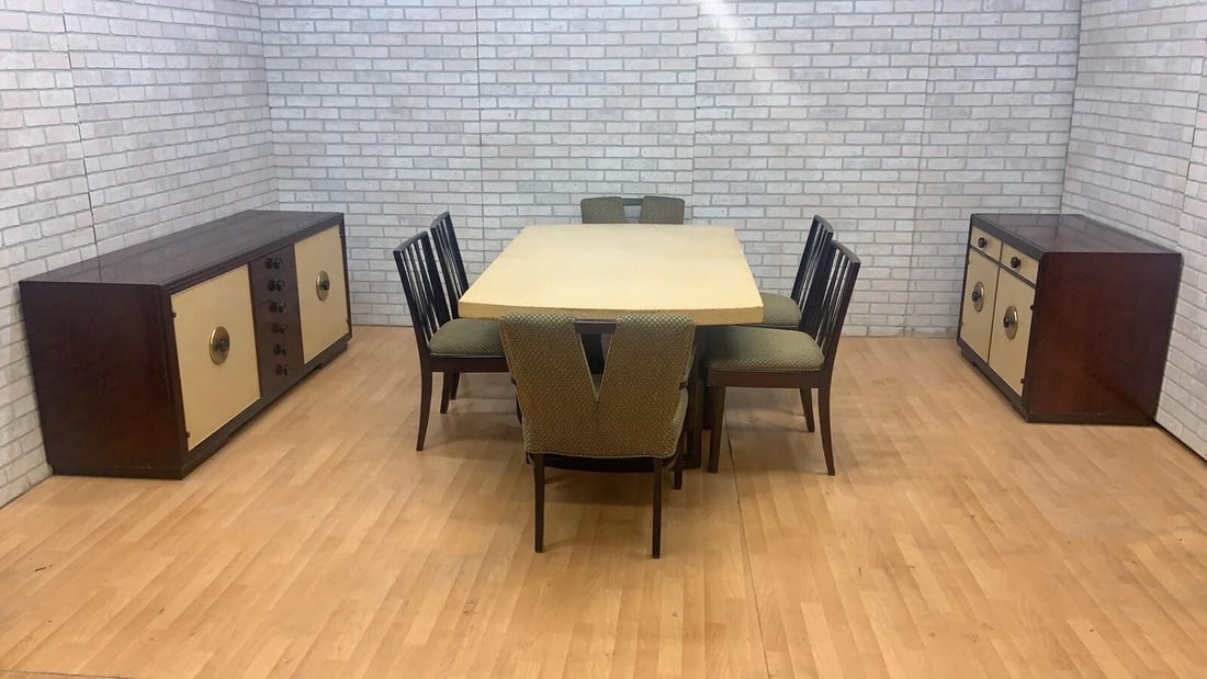 Art Deco Paul Frankl for Johnson Furniture Mahogany & Cork Dining Set - 12 Piece Set: Vintage from the 1940s Read the full description Materials: mahogany, cork, brass, wood, metal, glass Art Deco Paul Frankl for Johnson Furniture Mahogany & Cork Dining Set - 12 Piece Set An exquisite,