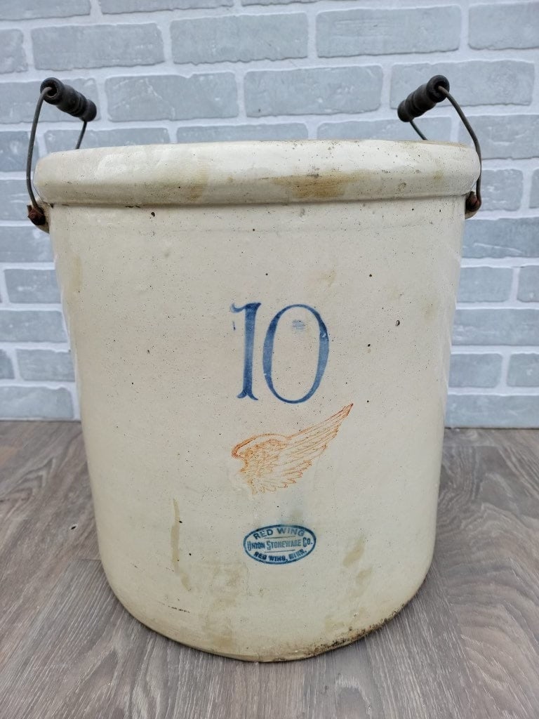 Antique Ceramic 10 Gallon Crock by Red Wing Union Stoneware Company: Vintage from the 1950s Materials: glazed, ceramic, metal, wood Antique Ceramic 10 Gallon Crock by Red Wing Union Stoneware Company This is an original commercial 10 gallon crock with metal and wood ha