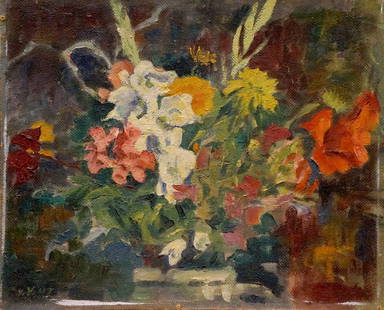 Oil painting Autumn flowers: №Verne 34 *** ABOUT THIS PAINTING *** * TITLE: "Autumn flowers" * ARTISTS: Unknown artist * SIZE: 35x43 cm/'13.77x16.92 inches' * MEDIUM: oil, cardboard * HAND PAINTED: Original painting from