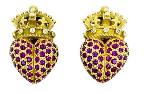 Kieselstein Cord Crown Heart Earrings Gold Ruby Diamond: ES UITO Product details: DESIGNER: Barry Kieselstein-Cord 1 CIRCA: 1987 MATERIALS: 18k Yellow Gold GEMSTONE: Ruby, Diamond WEIGHT: 14.4 grams MEASUREMENTS: 15/16" x 9/16" HALLMARKS: 1987, Kiesel