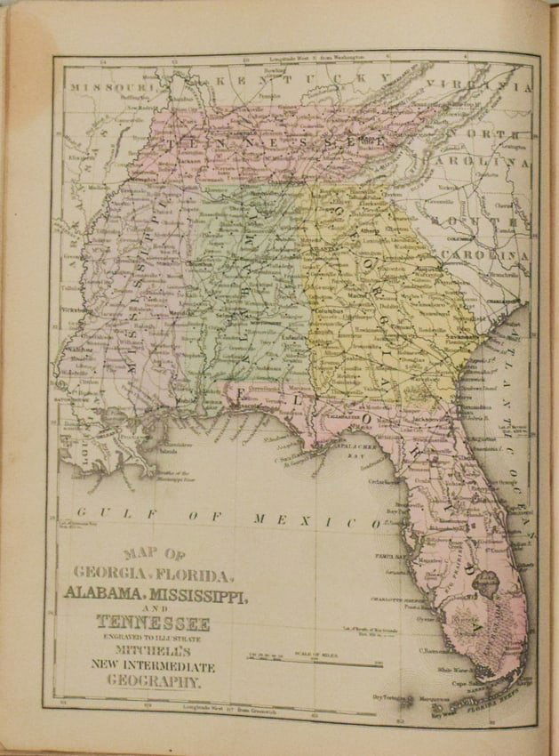 1891 Mitchell Map of Southern States -- Map of Georgia, Florida, Alabama, Mississippi and (1 of 1)