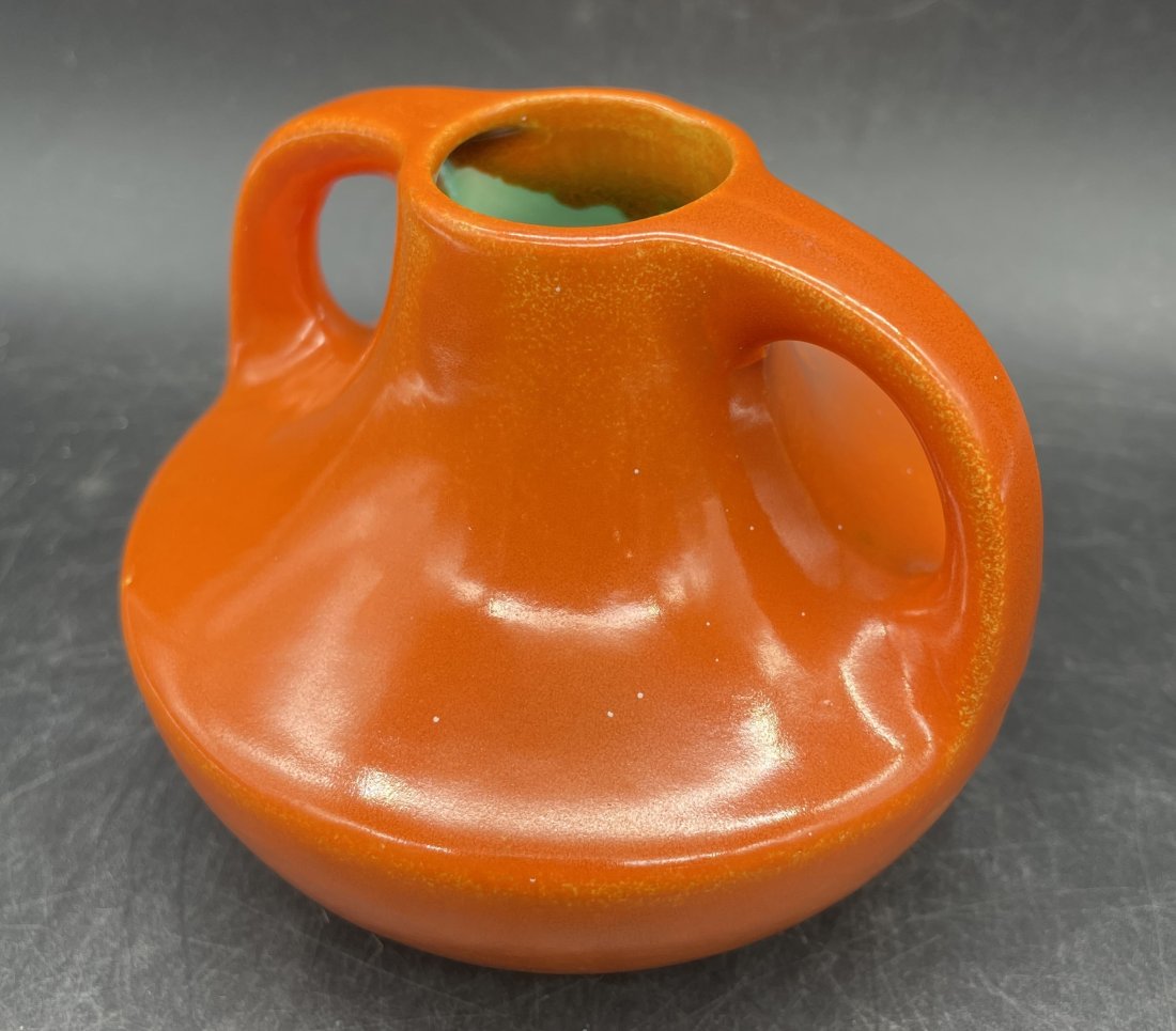 STANGL MINI VASE # 2021 TANGERINE ORANGE & INTERIOR GREEN GLAZE 1935-40: Title: STANGL MINI VASE # 2021 TANGERINE ORANGE & INTERIOR GREEN GLAZE 1935-40Date/Period: approx 1935-40Dimension: APPROX 3.5 X 3.5 X 3.5Material: potteryAdditional Information: STANGL MINI VASE # 20