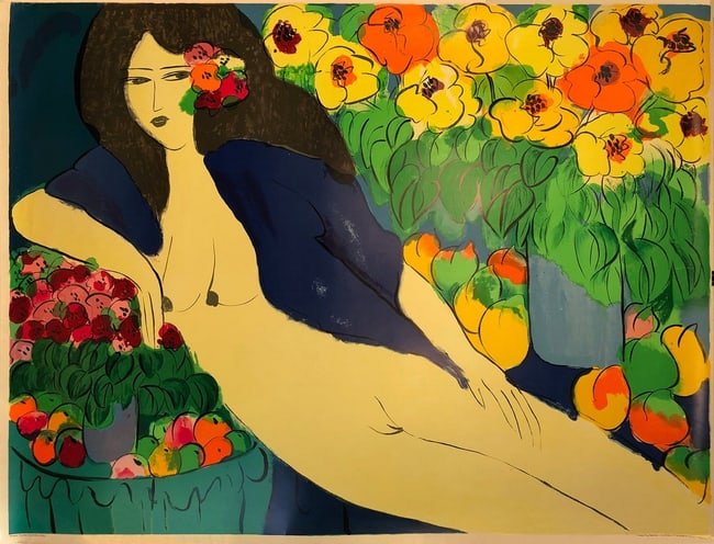 Walasse Ting - Reclining Nude with Flowers - 1978 Serigraph 47" x 63": DescriptionArtist: Walasse TingTitle: Reclining Nude with FlowersDescription: "Reclining Nude with Flowers" by Walasse Ting, 1978 Unsigned Serigraph. Paper size is 47 x 63 inches, with an image size o