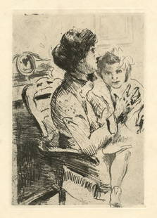 Lovis Corinth original etching "Mutter und Kind": Medium: original soft ground etching. Published in Leipzig, Germany by Zeitschrift fur bildende Kunst in 1911. Their inscription is printed at the bottom of the sheet, which demonstrates the provenanc