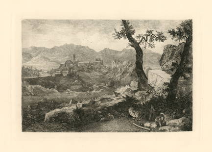 George Loring Brown original etching "View near Rome": Medium: original etching. Printed in 1881 and published by Cassell & Company. Plate size: 5 7/8 x 8 5/8 inches (150 x 220 mm). Sheet size: 8 x 11 3/8 inches (204 x 288 mm). Signed in the plate, not by