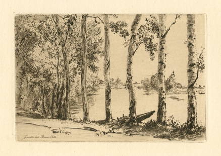 Felix Bracquemond "Les Trembles" original etching: Medium: original etching. Catalogue reference Beraldi 218. Published in Paris in 1884 by Gazette des Beaux-Arts. A lovely impression in brown ink on laid paper. Plate size: 4 x 5 7/8 inches (100 x 150