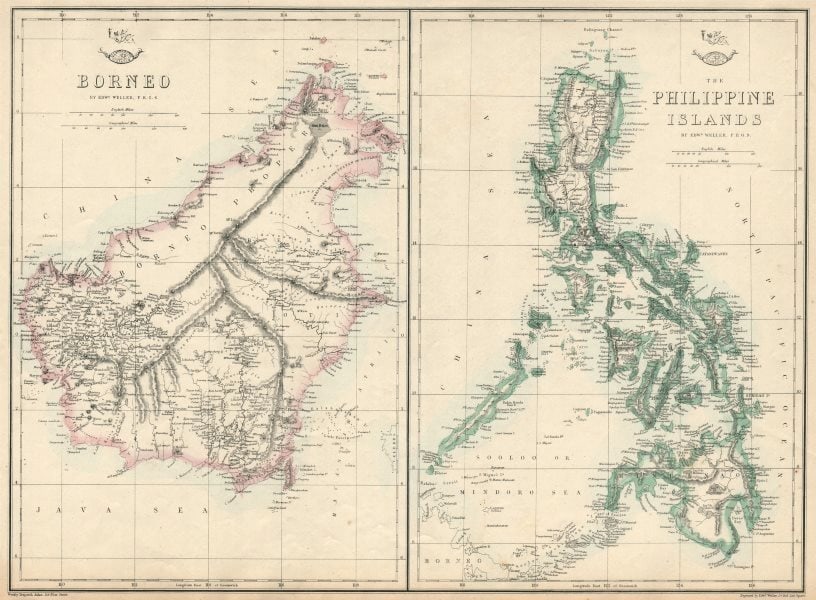 BORNEO & THE PHILIPPINE ISLANDS. East Indies. Manila Zebu/Cebu. WELLER 1863 map: TITLE/CONTENT OF MAP: 'Borneo; The Philippine Islands' DATE PRINTED: 1863 IMAGE SIZE: Approx 32.0 x 43.5cm, 12.5 x 17.25 inches (Large) TYPE: Antique map with original outline colour CONDITION: Good; 