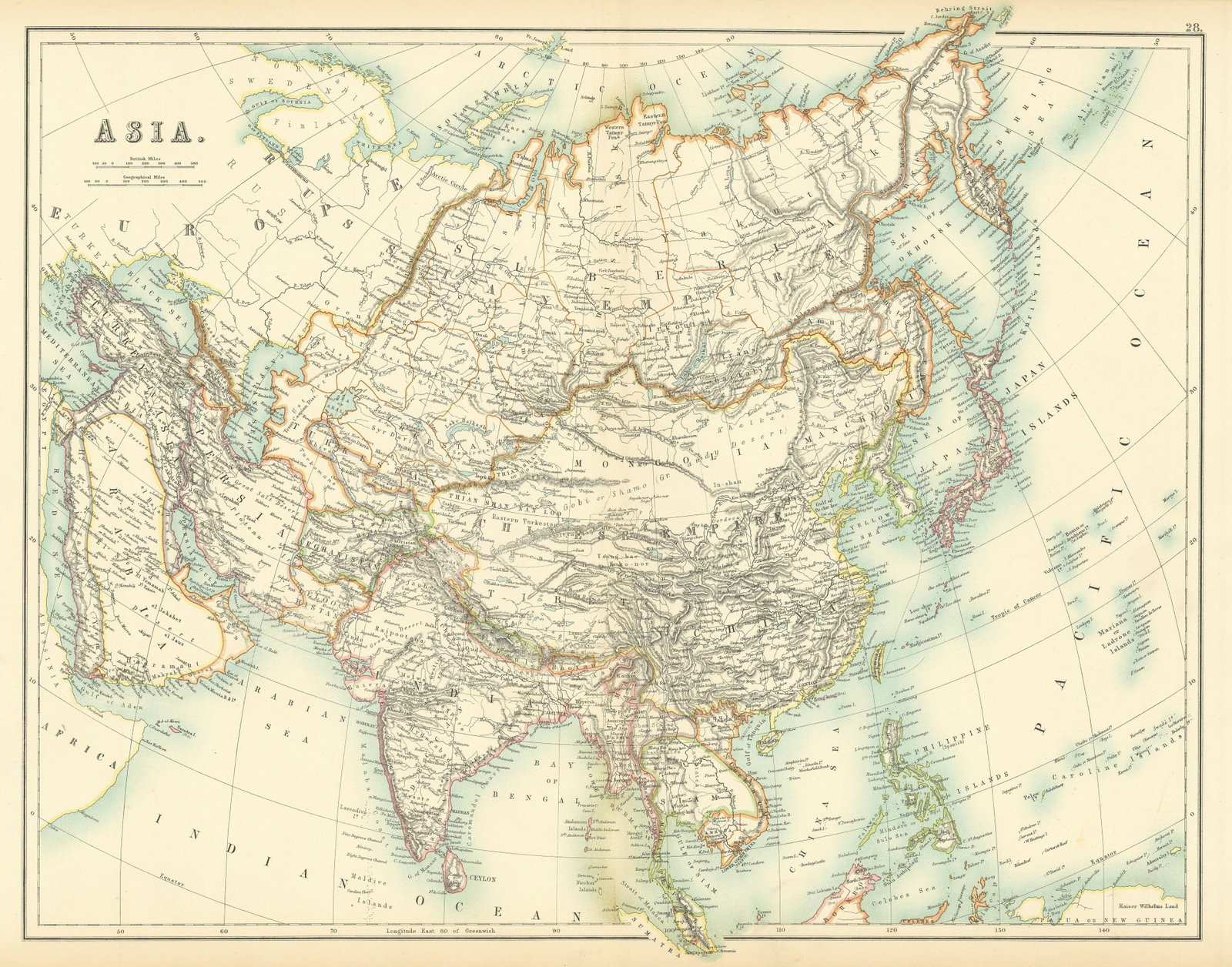 Asia. Arabia. Siam includes Laos. Abou Thubbi (Abu Dhabi) BARTHOLOMEW 1898 map: TITLE OF MAP (NOT PRINTED ON THE PAGE):'Asia' DATE PRINTED: 1898 IMAGE SIZE: Approx 44.5 x 57.0cm, 17.5 x 22.25 inches (Large); Please note that this is a folding map. TYPE: Antique atlas map CONDITIO