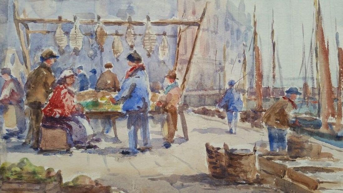 Mid 20th Century Impressionist Painting Ostend Belgium, Fish Market 1950 (1 of 12)