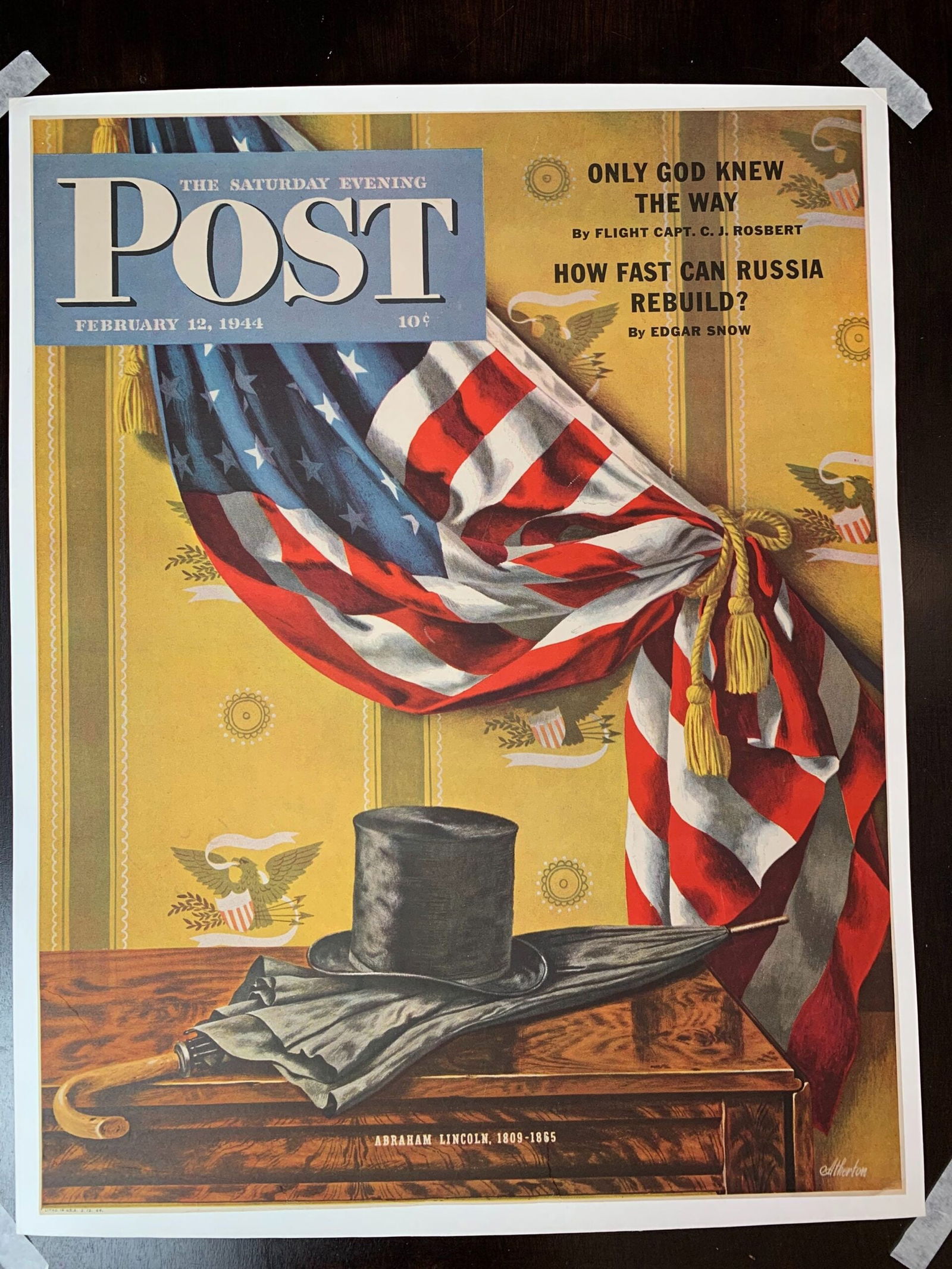 21.75x28 1944 Newstand Poster Saturday Evening Post - Art By John Atherton commemorating: 21.75x28 1944 Newstand Poster Saturday Evening Post - Art By John Atherton commemorating Lincoln’s Birthday LB, Please refer to the attached photos to determine the condition of this original vi