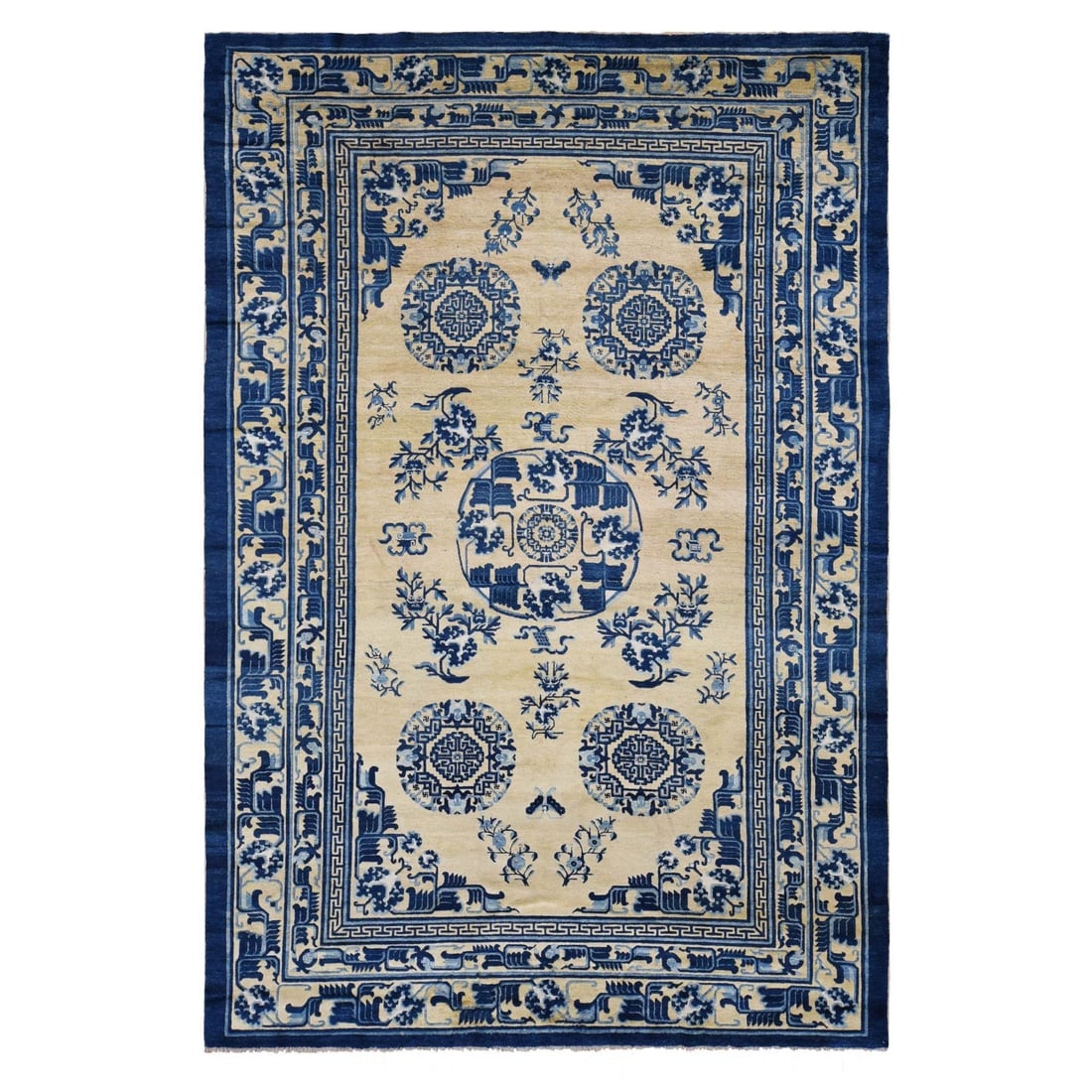 Cream Color, Antique Chinese Peking Pure Wool Hand Knotted Rug (1 of 11)