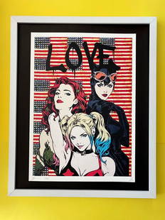 Death NYC Large Framed 16x20in Pop Art Certified Graffiti Gotham City Sirens #: Up for Sale this Beautiful and Scarce Print by Pop Art Graffiti Master Artist Death NYC Hand Signed in Pencil Numbered X/100 or Proof This piece is mounted on a 20 x 16 in. black acid free black