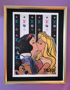 Death NYC Large Framed 16x20in Pop Art Certified Kissing Princesses Disney LV *: Up for Sale this Beautiful and Scarce Print by Pop Art Graffiti Master Artist Death NYC Hand Signed in Pencil Numbered X/100 or Proof This piece is mounted on a 20 x 16 in. black acid free black