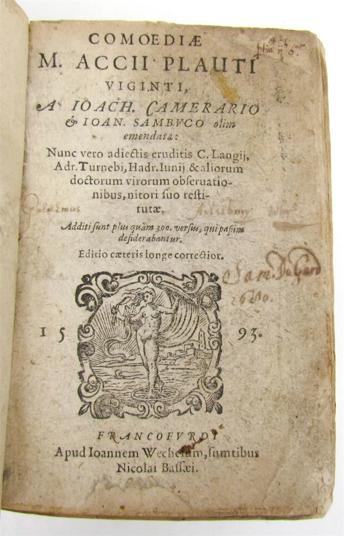 1593 PLAUTUS Comoediae M. Accii Plauti Viginti antique VELLUM BOUND 16th CENTURY: Plautus. Comoediae M. Accii Plauti Viginti. Francofurdi, Ioannem Wechesum, 1593 Size 3 1/2 by 4 3/4" 847pp. Original vellum , split at the spine. Good interior, minor toning Text in Latin Medieval vel