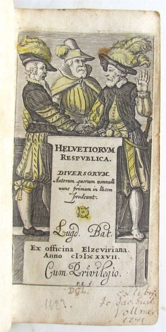 1627 SWITZERLAND antique ELZEVIR Helvetiorum respublica by Josias Simmler VELLUM: Simler Josias Helvetiorum respublica... Lugd. Bat.: ex officina Elzeviriana, 1627 Size 2 1/3 by 4 1/3" Woodcut title page, overall good condition. Minor toning Full vellum binding with manuscript titl