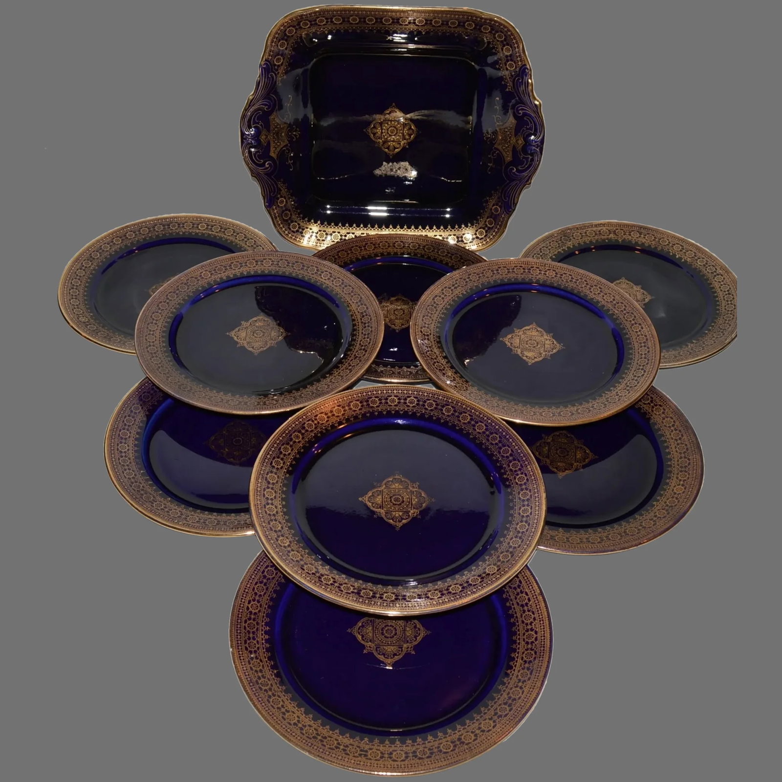 Cake Plate 9 Dessert Plates ~French Faience Cobalt & Gold ~ Utzschneider & Co Sarreguemines France (1 of 7)