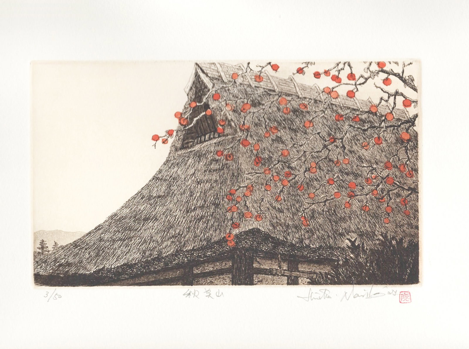 Hiroto Norikane (B. - 1948): Miyama In Autumn: Title: Hiroto Norikane (B. - 1948): Miyama In Autumn Date: 2023 Medium: Etching Edition: Limited Edition 33/50 Size: The print imag measures 5 1/4 X 9 inches plus margins Condition: The print is in ex