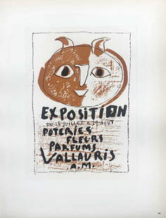 Picasso Lithograph 58 Exposition Poteries Vallauris Art in posters: Title: Exposition Poteries Artist: Pablo Picasso Country: Spain Medium: Lithograph - 58 Paper size: 12.5 X 9.5 inch Printed: 1959 by Mourlot Freres, France Provenance: Art in posters book 1959