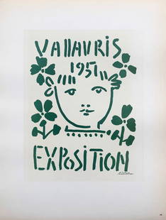 Picasso Lithograph 66 - Expo Vallauris 1951 Art in posters: Title: Expo Vallauris 1951 Artist: Pablo Picasso Country: Spain Medium: Lithograph - 66 Paper size: 12.50 X 9.50 inch (reduced version of the original poster) Printed: 1959 by Mourlot Freres, France