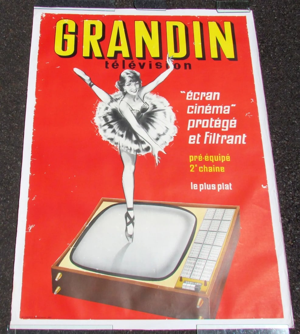 1953 LARGE FRENCH POSTER vintage TELEVIISION ADVERTISING w/ BALLERINA 48 by 65" (1 of 2)