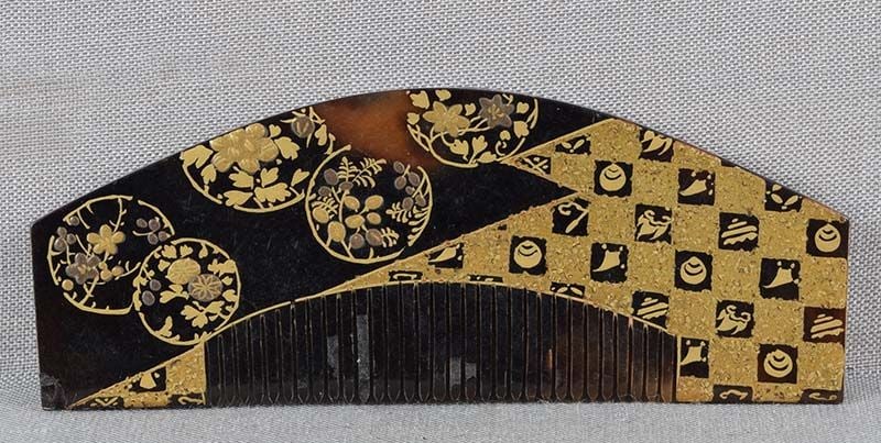 19c Japanese lacquer turtle shell KUSHI hair COMB brocade & roundels (1 of 6)