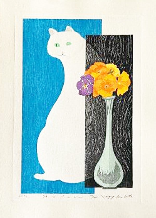 Kazuyuki Ohtsu (b. - 1935): Cat And Pansy: ARTIST/TITLE: Kazuyuki Ohtsu (b. - 1935): Cat And Pansy DATE: 2002 MEDIUM: Woodblock Print SIZE: Limited Edition 77/100 EDITION: The print image measures 8 1/8 X 12 3/4 inches plus margins CONDITION: