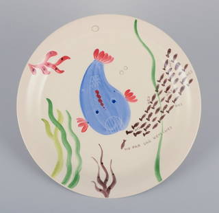 Stig Lindberg for Gustavsberg. "L&#246;ja" plate. Hand-painted with a fish motif. Satirical: Stig Lindberg for Gustavsberg. "L&#246;ja" plate. Hand-painted with a fish motif. Satirical illustration with Swedish text. From the 1950s. In perfect condition. Marked. Measures: 24.5 cm. Reserve: $1