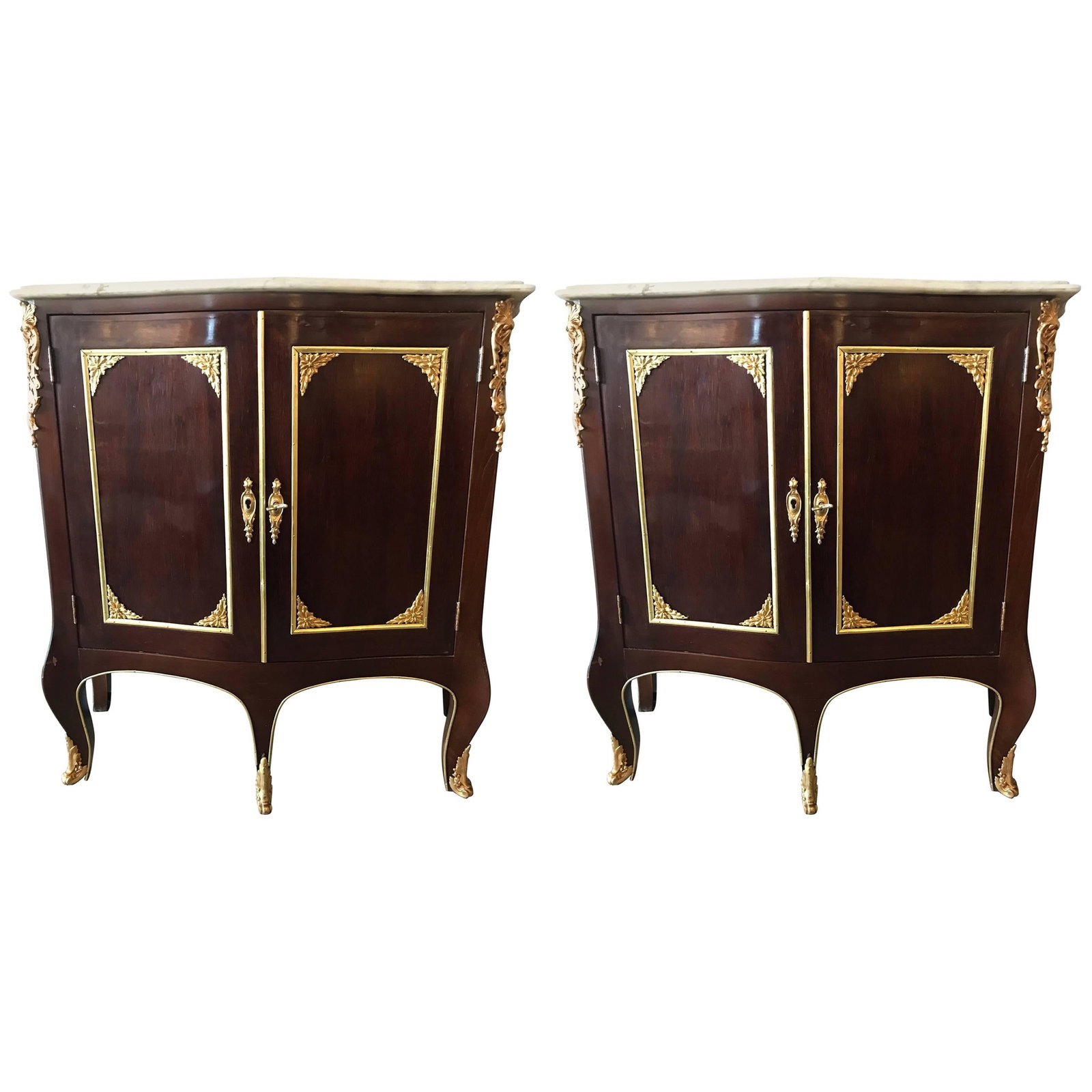 Maison Jansen Style, Louis XV Cabinets, Mahogany, Marble, Europe, 1970s: About the Item Pair of Jansen style oak interior two-door marble-top bedside cabinets or end tables which can easily be used as console tables. This finely constructed pair of end table or console tab
