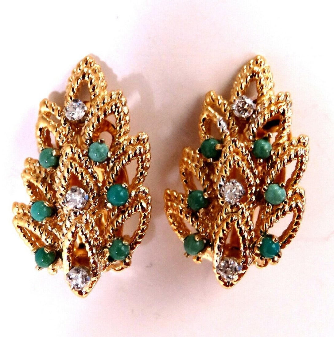 .18ct turquoise diamond leaf pattern clip earrings �� (1 of 4)