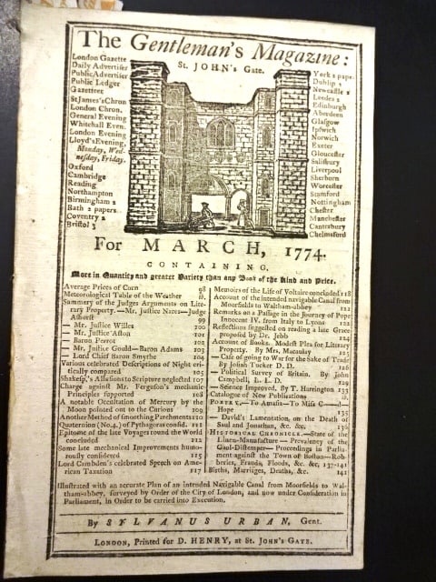 1774 Gentlemans Magazine Taxation of America: The March 1774 issue of Gentleman's Magazine, printed at London by D. Henry (Sylvanus Urban), 48 pages, no engravings. Two articles of note on America including Lord Camden on taxing the Colonies and 