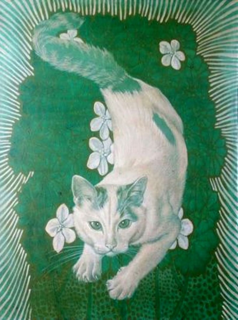 Oil painting Ivaska Goncharenko V. V.: №Gonch 9 The painting "Ivaska" depicts a white cat with subtle grey markings on its fur, giving it a gentle mottled appearance. The cat is portrayed mid-movement, with its body arched in a dynam