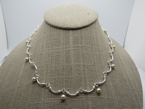 Vintage Sterling Cultured Peal Drop Necklace, 16", Curved Links, 1990's (1 of 4)