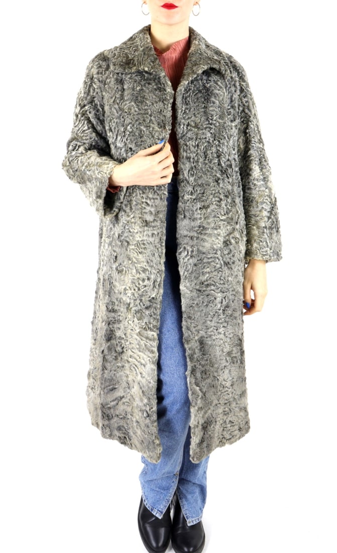 SWAKARA GREY SILVER KARABUL FUR COAT EU:L US:16 (1 of 10)