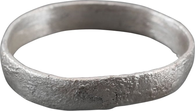 VIKING WOMAN’S WEDDING RING, SIZE 4: Late 9th-early 11th century AD. Size 4 for wear on the small finger as was the custom. 2.6mm width with flat face. Light texture from burial. Vikings exchanged rings on the pommel of the groom's sword