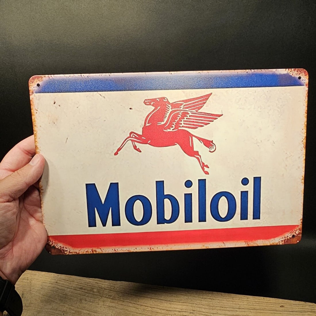 Metal Mobile Gas Oil Sign Plaque: 11 3/4"wide 8" Tall Such a neat reproduction metal sign. Wonderful aged look. Great addition to any decor. Reserve: $15.00 Shipping: Domestic: Flat-rate of $8.00 to anywhere within the contiguous U.S.