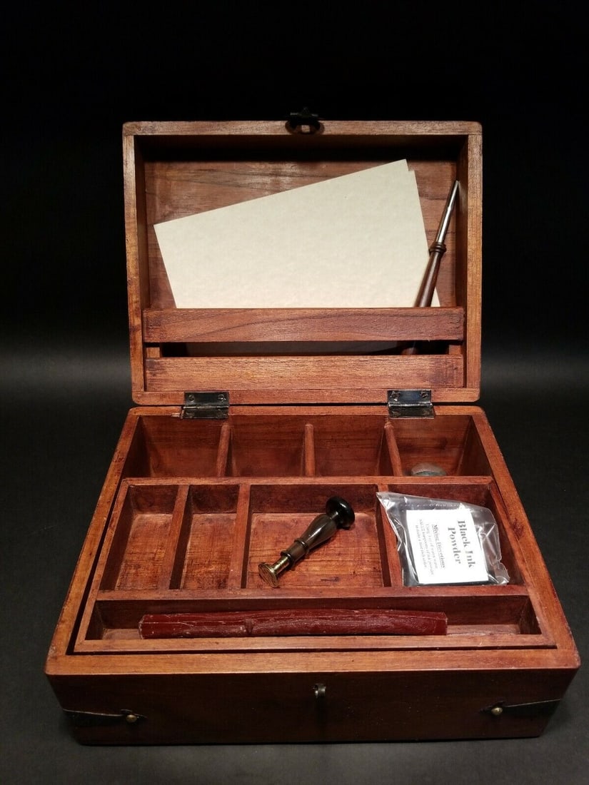 Wood Writing Set Desk Box: 10" x 8 3/4" Wide x 5" High Beautiful and creative reproduction antique box with an assortment of storage areas and accessories. Made from a beautiful hardwood with a distressed finish. Pieces like th