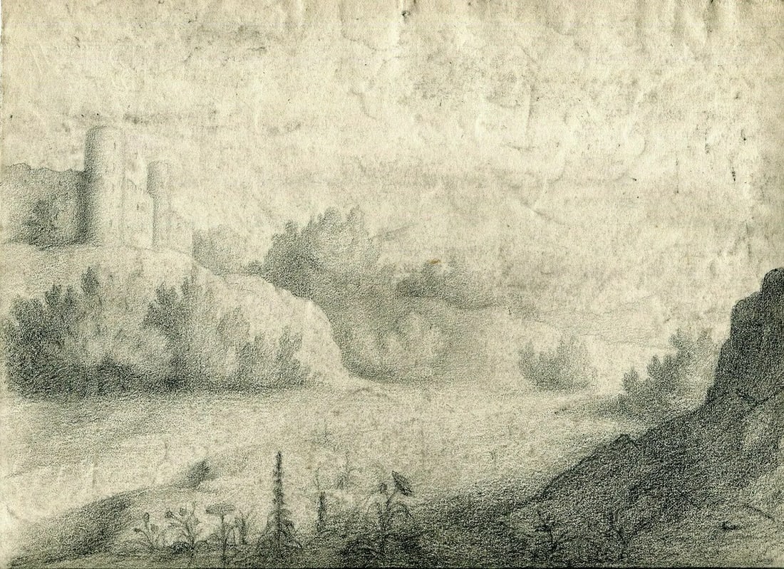 Antique Pencil Drawing 19th century - Old Master - Landscape, Castle (1 of 3)