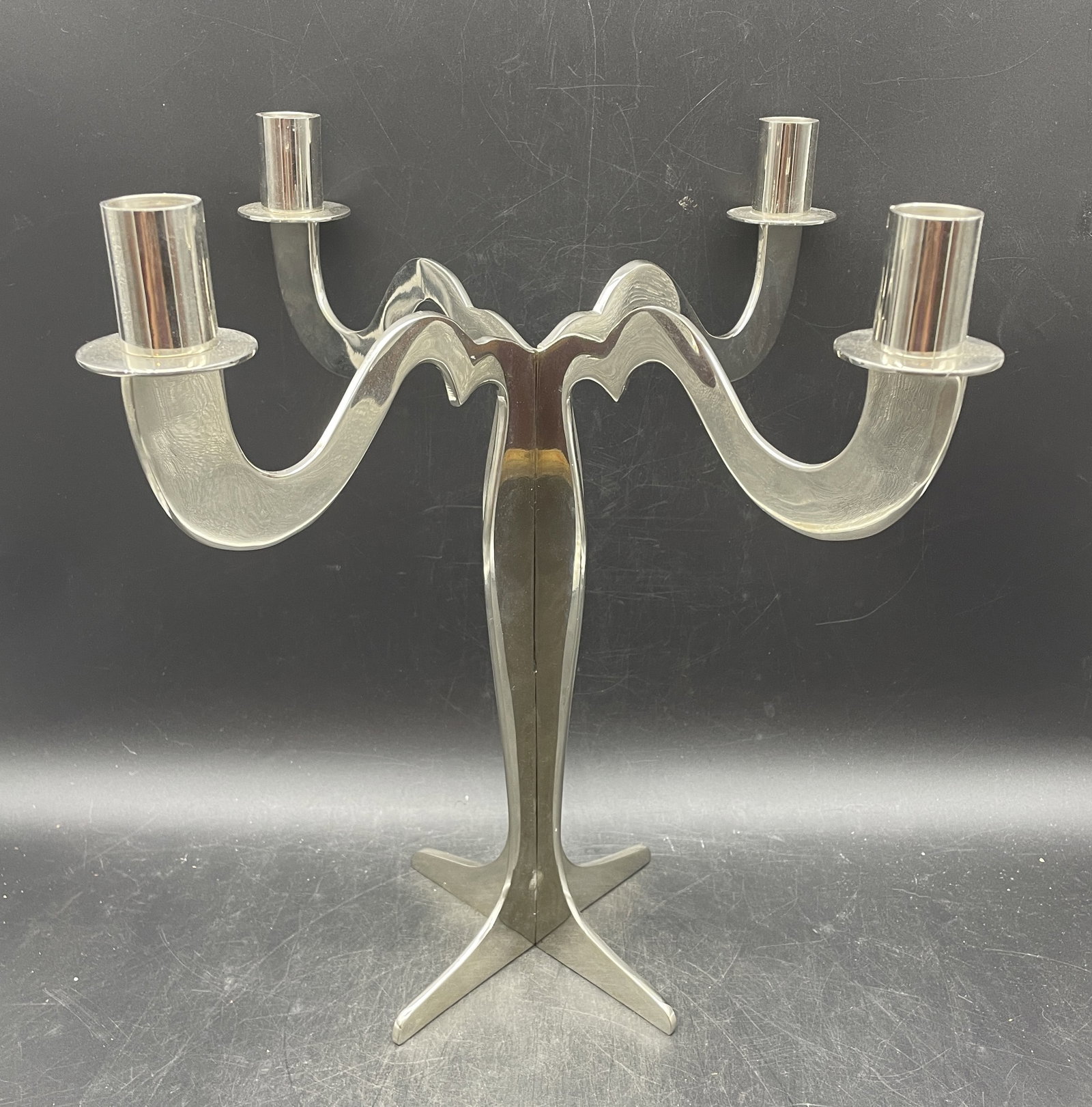 CHRISTIAN GHION DRIADE KOSMO FLAT TWIN CANDELABRA: Title: CHRISTIAN GHION DRIADE KOSMO FLAT TWIN CANDELABRA Date/Period: unknown Dimension: approx: 12 x 12 Material: mixed metals Additional Information: Christian Ghion Driade Kosmo Flat Twin Candelabr